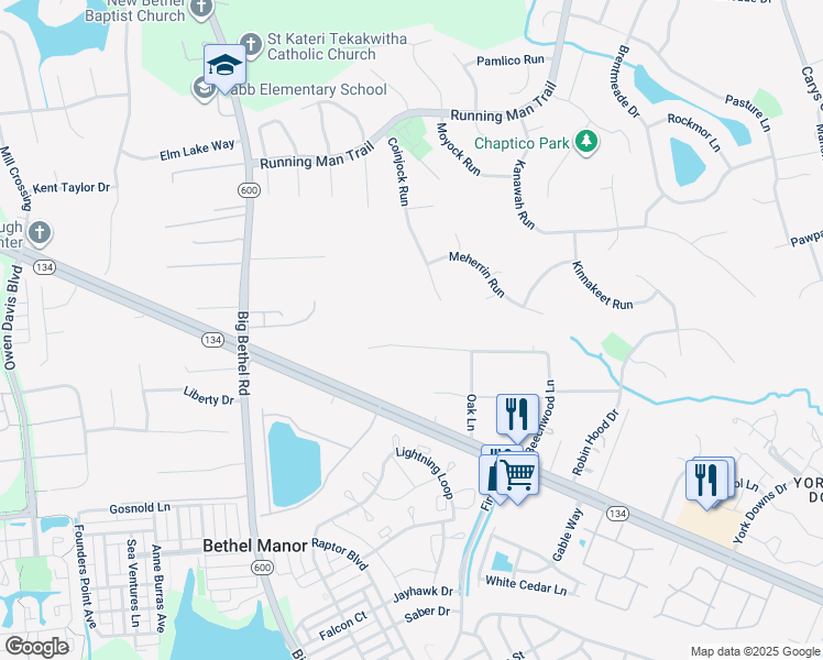 map of restaurants, bars, coffee shops, grocery stores, and more near 212 Bayberry Lane in Yorktown