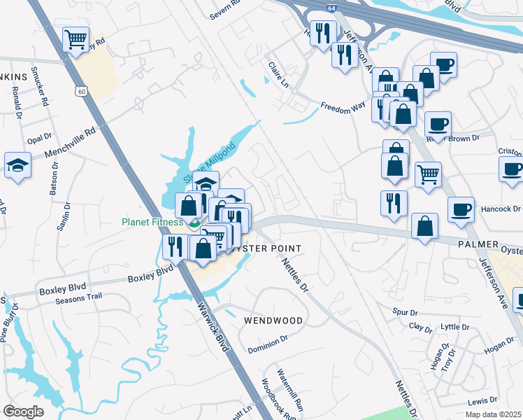 map of restaurants, bars, coffee shops, grocery stores, and more near 601 Todd Trail in Newport News