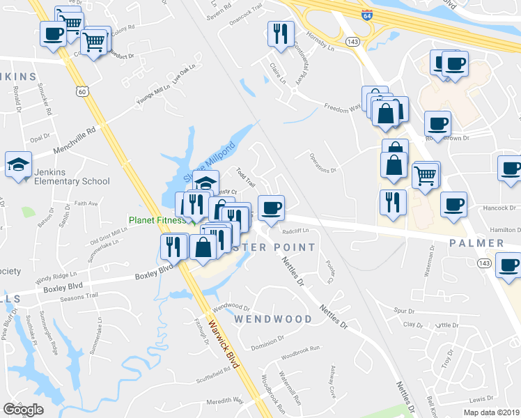map of restaurants, bars, coffee shops, grocery stores, and more near 601 Todd Trail in Newport News
