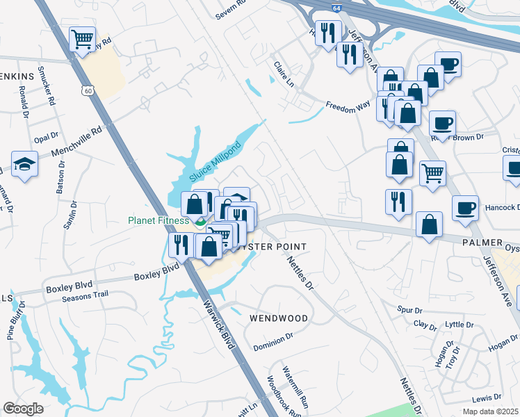 map of restaurants, bars, coffee shops, grocery stores, and more near 606 Guy Lane in Newport News