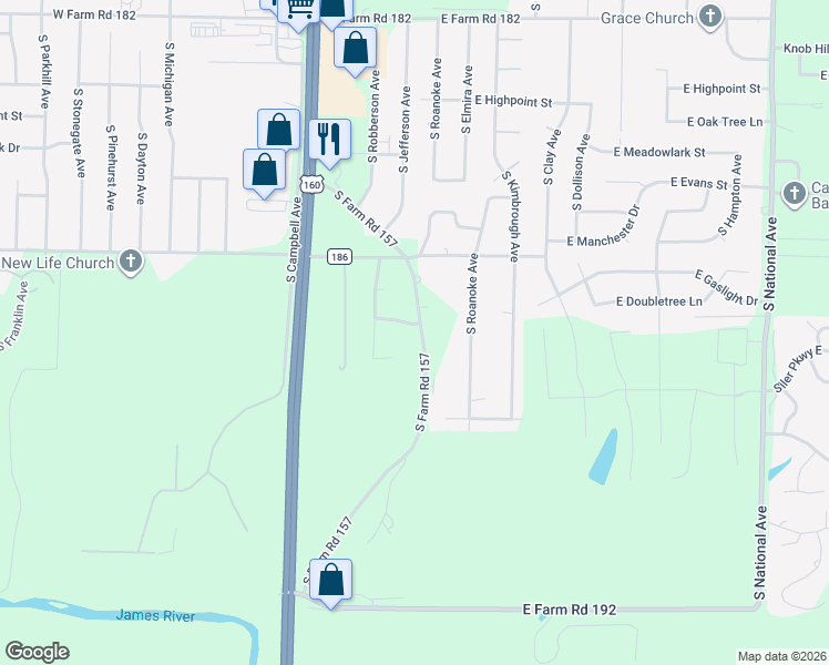 map of restaurants, bars, coffee shops, grocery stores, and more near 5852-5898 S Farm Road 157 in Springfield