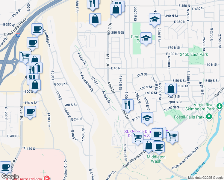 map of restaurants, bars, coffee shops, grocery stores, and more near 4 South Mall Drive in St. George