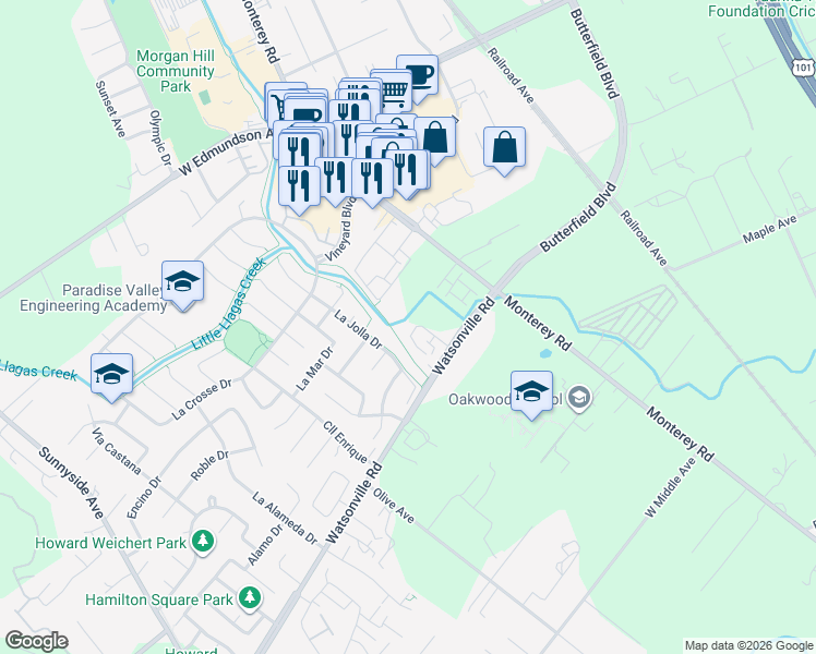 map of restaurants, bars, coffee shops, grocery stores, and more near 205 Via Naretto in Morgan Hill