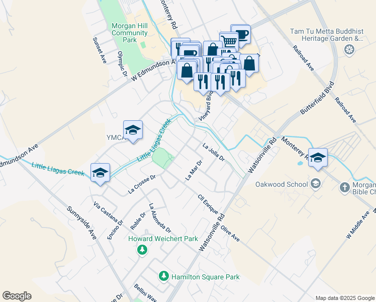 map of restaurants, bars, coffee shops, grocery stores, and more near 15605 La Mar Drive in Morgan Hill