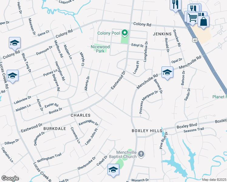 map of restaurants, bars, coffee shops, grocery stores, and more near 275 Eastwood Drive in Newport News