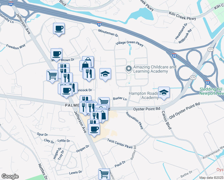 map of restaurants, bars, coffee shops, grocery stores, and more near 120 Palmer Lane in Newport News