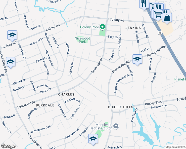 map of restaurants, bars, coffee shops, grocery stores, and more near 275 Eastwood Drive in Newport News