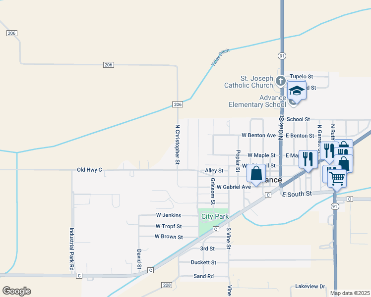 map of restaurants, bars, coffee shops, grocery stores, and more near 109 Jane Ann Street in Advance