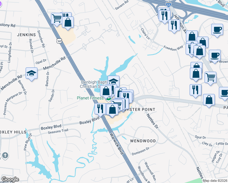 map of restaurants, bars, coffee shops, grocery stores, and more near 13010 Mitchell Point Road in Newport News