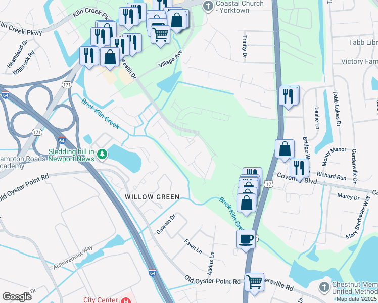 map of restaurants, bars, coffee shops, grocery stores, and more near 101 Rebellion Way in Yorktown