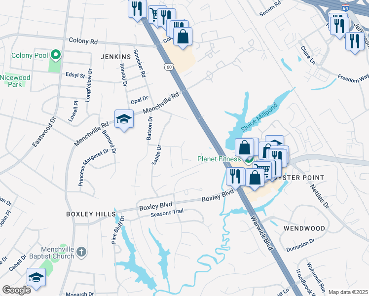 map of restaurants, bars, coffee shops, grocery stores, and more near 308 Charity Lane in Newport News