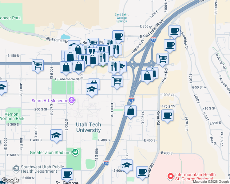 map of restaurants, bars, coffee shops, grocery stores, and more near 83 South 1000 East in Saint George