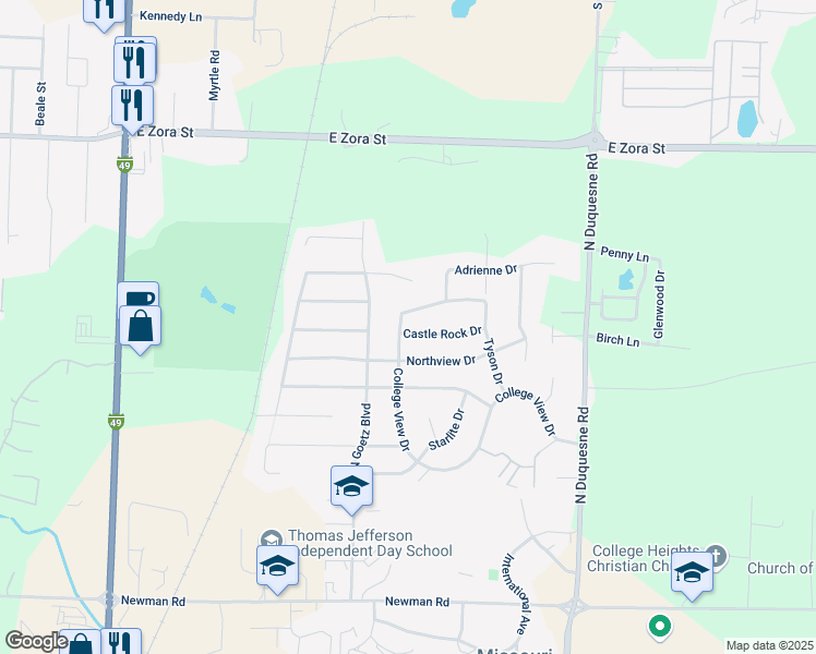 map of restaurants, bars, coffee shops, grocery stores, and more near 3401 College View Drive in Joplin