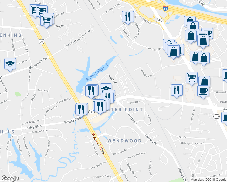 map of restaurants, bars, coffee shops, grocery stores, and more near 616 Guy Lane in Newport News