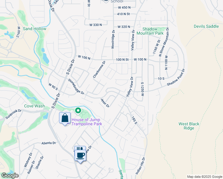 map of restaurants, bars, coffee shops, grocery stores, and more near 1467 Clinton Way in St. George