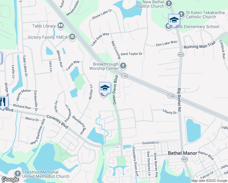 map of restaurants, bars, coffee shops, grocery stores, and more near 200 Owen Davis Boulevard in Yorktown