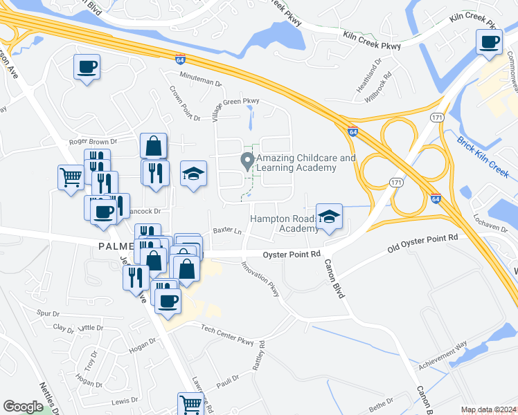 map of restaurants, bars, coffee shops, grocery stores, and more near 716 Village Green Parkway in Newport News