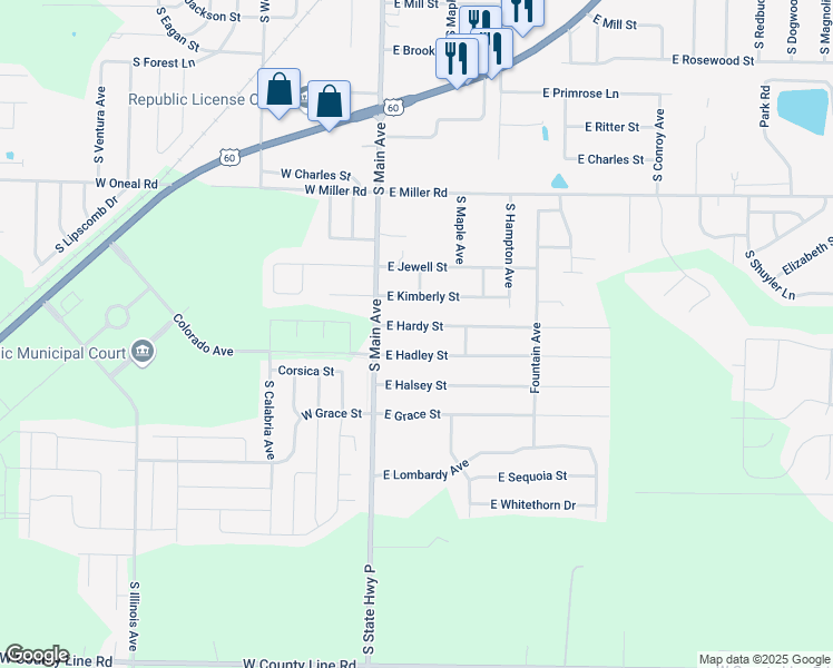 map of restaurants, bars, coffee shops, grocery stores, and more near 114-122 E Hardy St in Republic