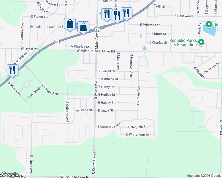 map of restaurants, bars, coffee shops, grocery stores, and more near 226 East Hardy Street in Republic