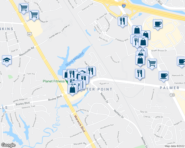 map of restaurants, bars, coffee shops, grocery stores, and more near 621 Todd Trail in Newport News