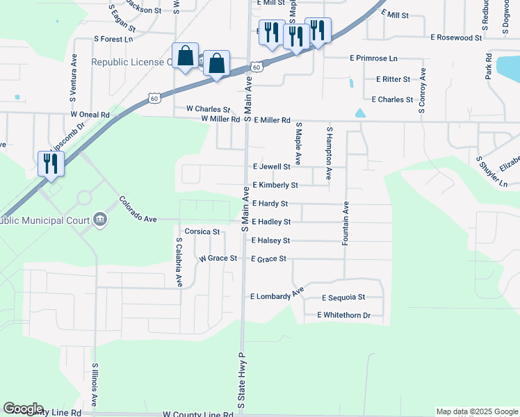 map of restaurants, bars, coffee shops, grocery stores, and more near 122 E Hardy St in Republic