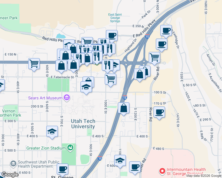 map of restaurants, bars, coffee shops, grocery stores, and more near 1035 East 100 South in St. George