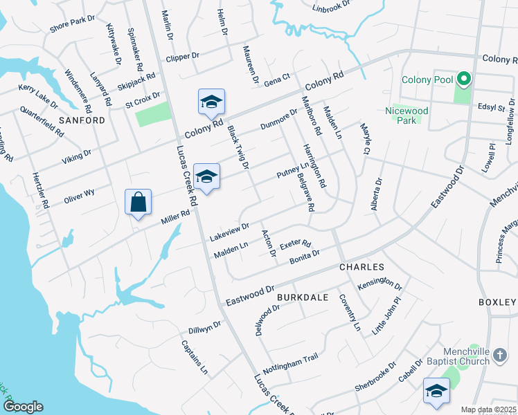map of restaurants, bars, coffee shops, grocery stores, and more near 122 Plainfield Drive in Newport News