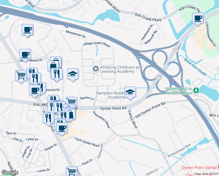 map of restaurants, bars, coffee shops, grocery stores, and more near 722 Village Green Parkway in Newport News