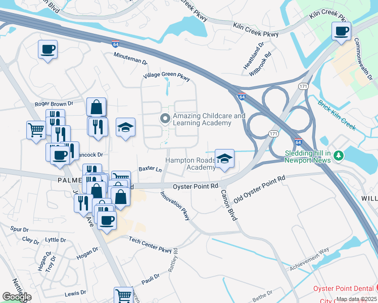 map of restaurants, bars, coffee shops, grocery stores, and more near 724 Village Green Parkway in Newport News