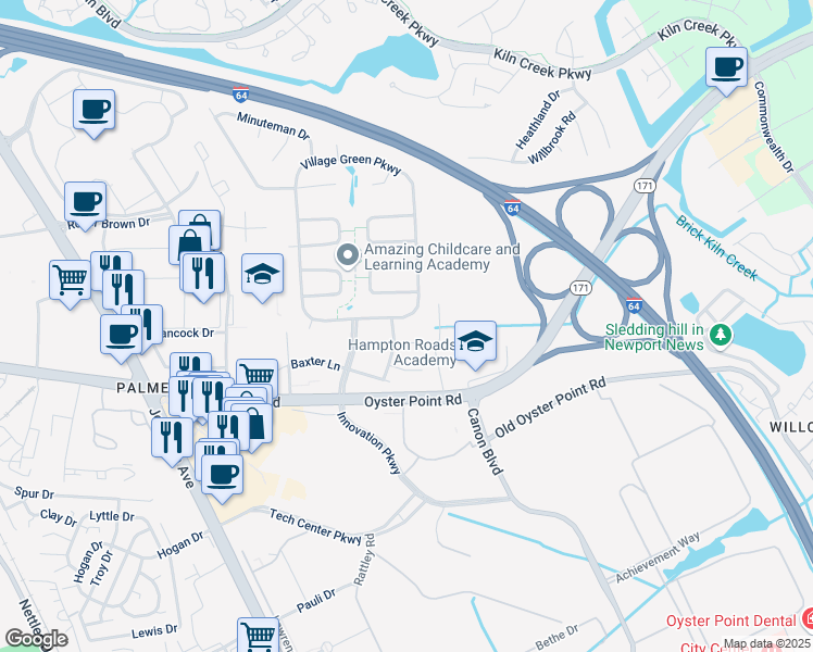 map of restaurants, bars, coffee shops, grocery stores, and more near 724 Village Green Pkwy in Newport News