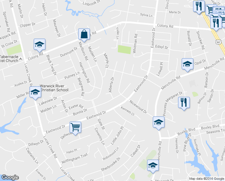 map of restaurants, bars, coffee shops, grocery stores, and more near 106 Alberta Drive in Newport News