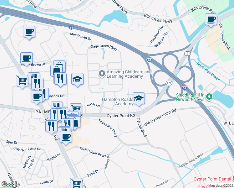 map of restaurants, bars, coffee shops, grocery stores, and more near 722 Village Green Parkway in Newport News