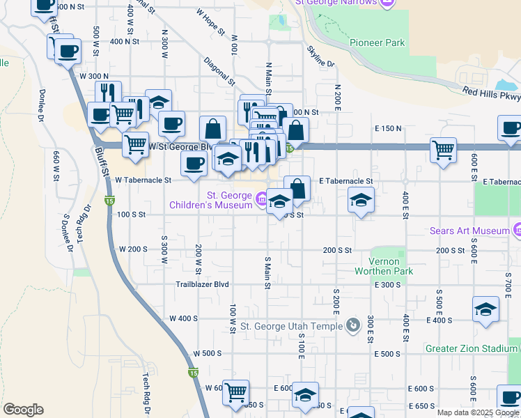 map of restaurants, bars, coffee shops, grocery stores, and more near 86 South Main Street in St. George