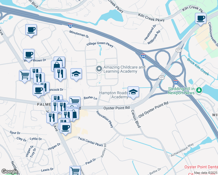 map of restaurants, bars, coffee shops, grocery stores, and more near 2115 Southgate Road in Newport News
