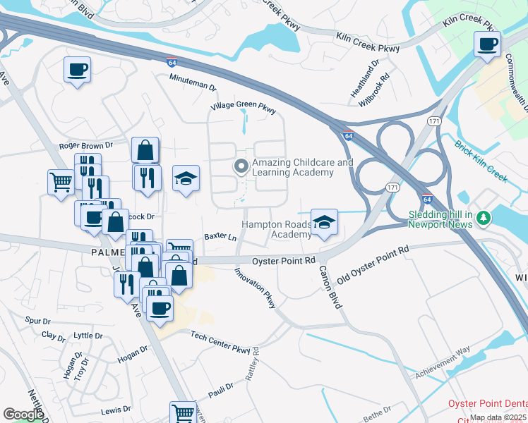 map of restaurants, bars, coffee shops, grocery stores, and more near 2115 Southgate Road in Newport News