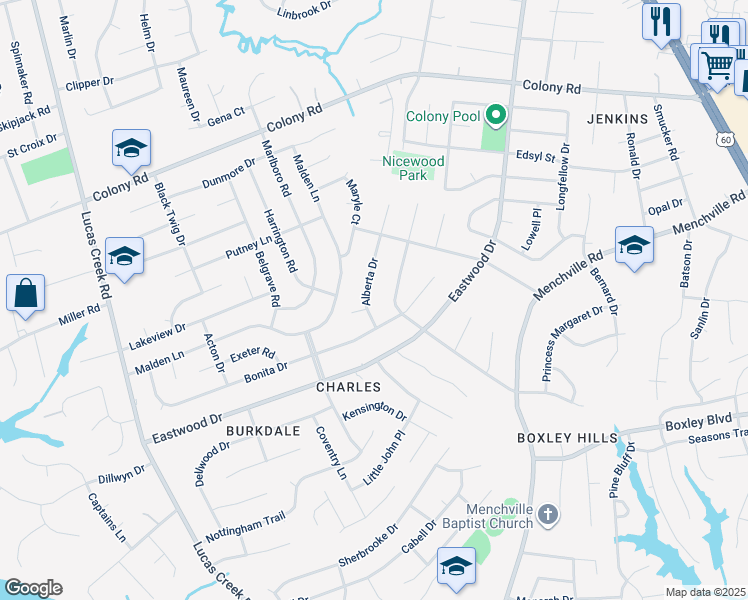 map of restaurants, bars, coffee shops, grocery stores, and more near 106 Alberta Drive in Newport News