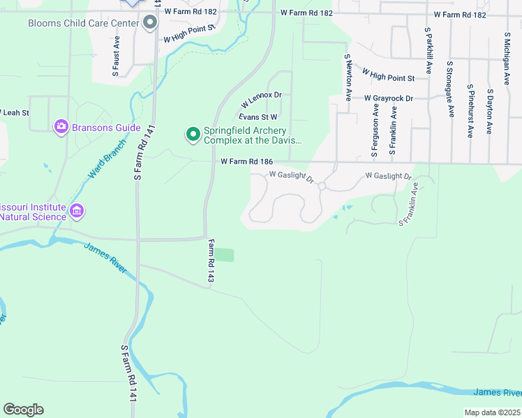 map of restaurants, bars, coffee shops, grocery stores, and more near 1610 West Farm Road 186 in Springfield