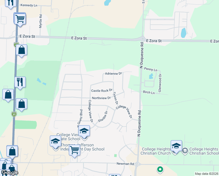 map of restaurants, bars, coffee shops, grocery stores, and more near 3821 Castle Rock Drive in Joplin