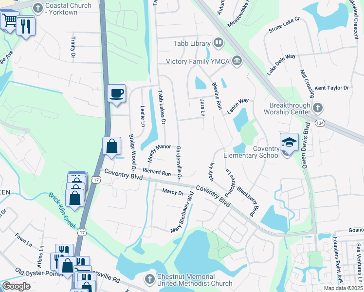 map of restaurants, bars, coffee shops, grocery stores, and more near 217 Gardenville Drive in Yorktown
