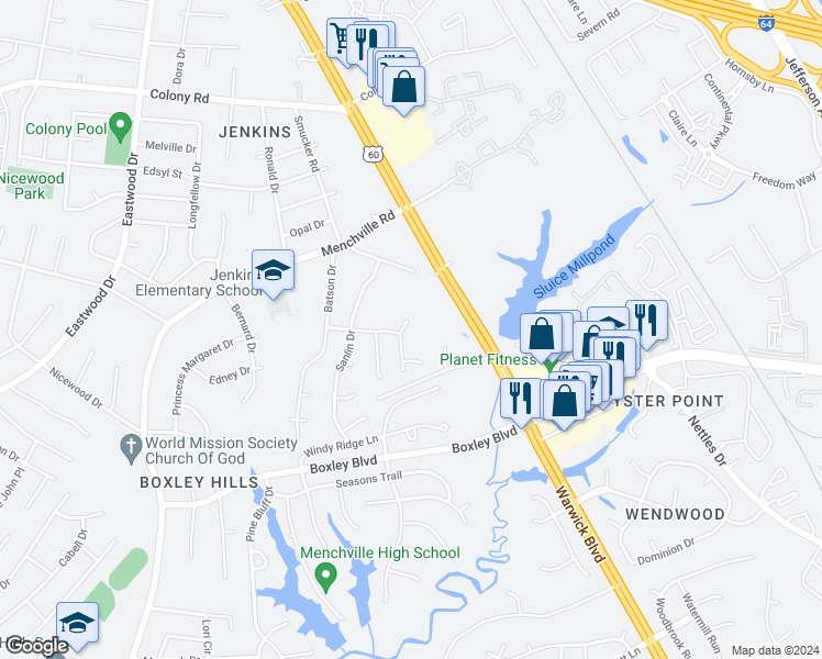 map of restaurants, bars, coffee shops, grocery stores, and more near 306 Charity Lane in Newport News