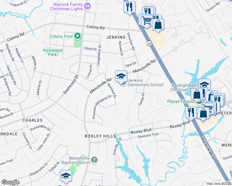 map of restaurants, bars, coffee shops, grocery stores, and more near 24 Bernard Drive in Newport News