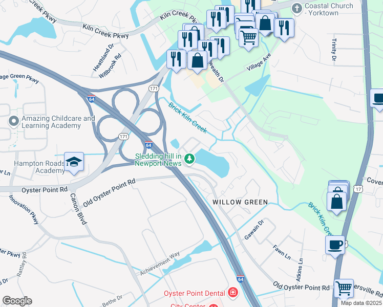 map of restaurants, bars, coffee shops, grocery stores, and more near 100 Lochview Drive in Newport News