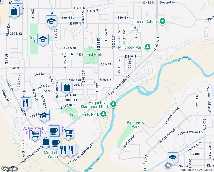 map of restaurants, bars, coffee shops, grocery stores, and more near 2721 East Riverside Drive in St. George
