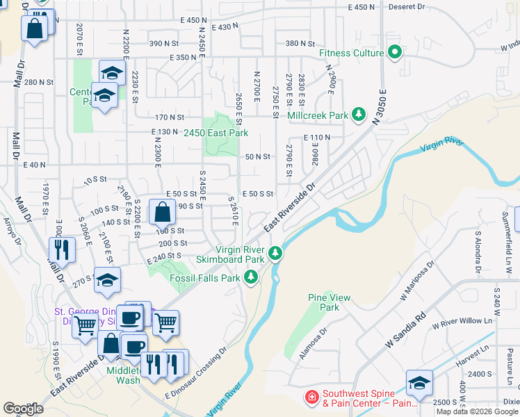 map of restaurants, bars, coffee shops, grocery stores, and more near 2721 East Riverside Drive in St. George