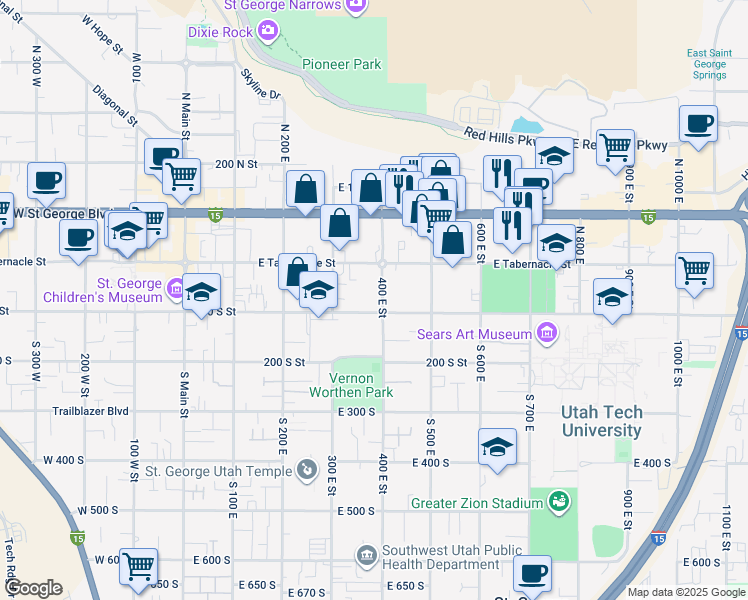 map of restaurants, bars, coffee shops, grocery stores, and more near 80 South 400 East in St. George