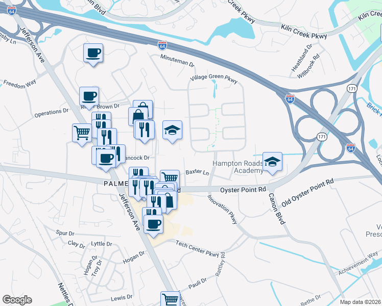 map of restaurants, bars, coffee shops, grocery stores, and more near 702 Village Green Parkway in Newport News