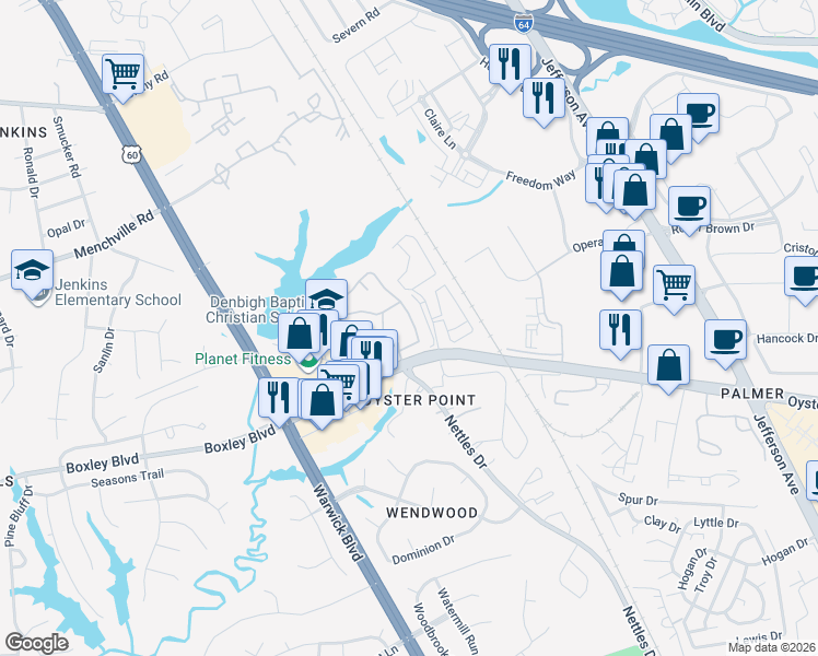 map of restaurants, bars, coffee shops, grocery stores, and more near 621 Todd Trail in Newport News