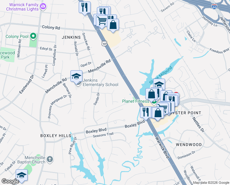 map of restaurants, bars, coffee shops, grocery stores, and more near 304 Charity Lane in Newport News