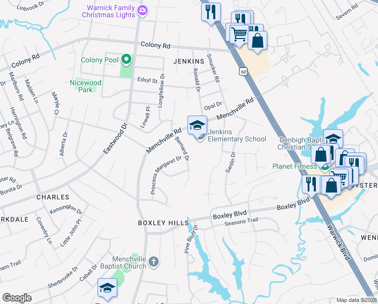 map of restaurants, bars, coffee shops, grocery stores, and more near 24 Bernard Drive in Newport News
