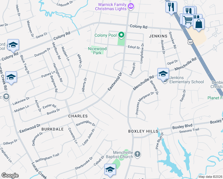 map of restaurants, bars, coffee shops, grocery stores, and more near 275 Eastwood Drive in Newport News